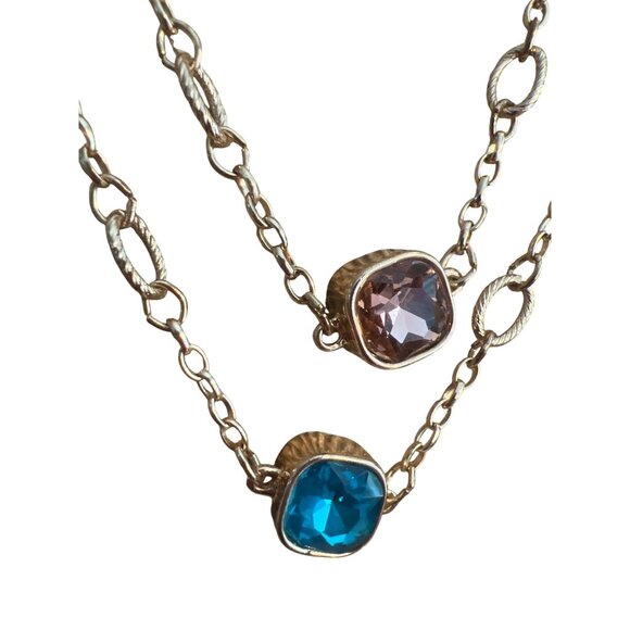 Gold Tone Chain Necklace Glass Stations Reversible Blue Pink Double Layer Adj 44 - Picture 3 of 5